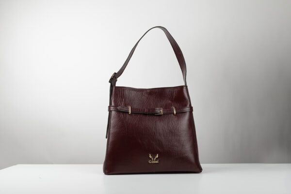 Δερμάτινη τσάντα Genui leather με ζωνάκι μπορντό - Image 2