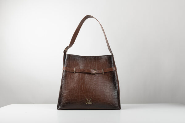 Δερμάτινη τσάντα Genui leather με ζωνάκι καφέ - Image 2